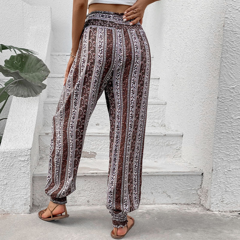 Damen Freizeithose im Bohemian-Stil mit elastischem Bund und Blumenmuster