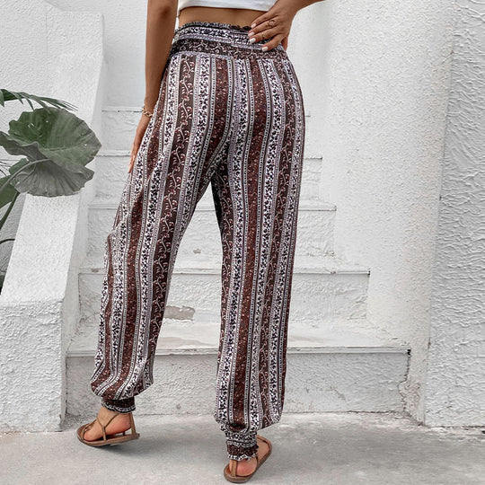 Damen Freizeithose im Bohemian-Stil mit elastischem Bund und Blumenmuster R&B