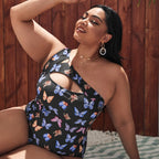 Damen Einseitiger Cut-Out Badeanzug mit floralen Schmetterlingsmotiven R&B