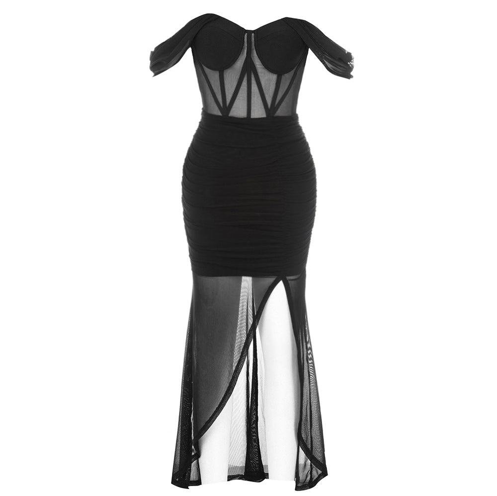 Damen Maxikleid mit Transparenz und figurbetonter Raffung R&B