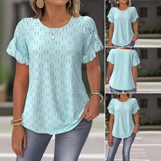 Damen nan Broderie-Anglaise-Bluse mit doppeltem Volantärmel und legerer Hüftlänge R&B