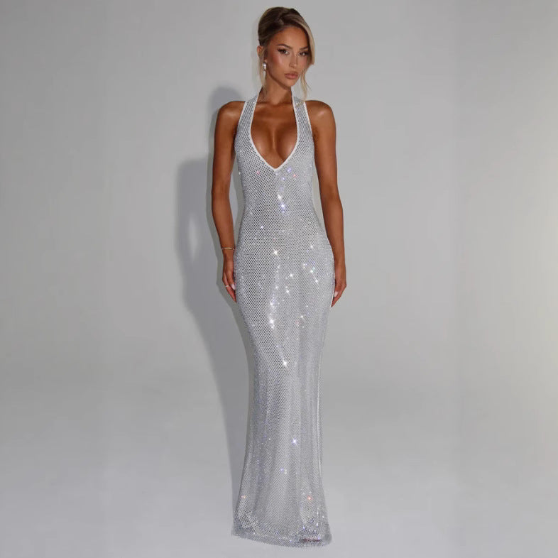 Damen Glitzerndes Abendkleid mit tiefem V-Ausschnitt und elegantem Rückenausschnitt