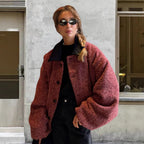Damen kuschelige Oversize-Jacke mit großem Kragen R&B