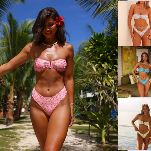 Damen Bandeau-Bikini mit floralem Design und elegantem Verschluss R&B