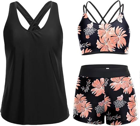 Damen Sportliches Tankini-Set mit floralem Oberteil und Shorts R&B
