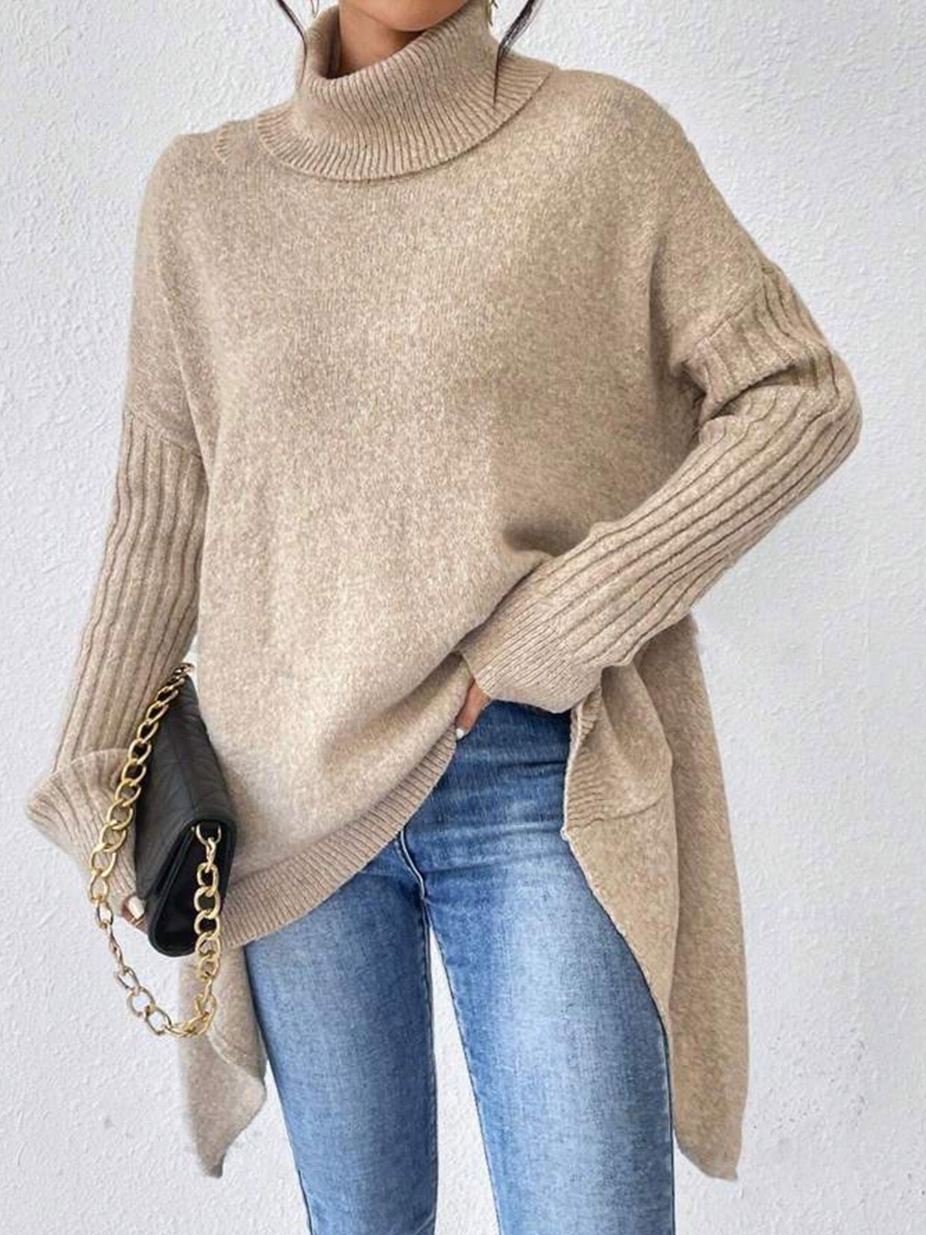 Damen lässiger Pullover mit Stehkragen und asymmetrischem Schnitt R&B