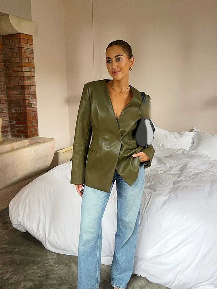 Damen elegante Kunstlederblazer mit tailliertem Schnitt R&B