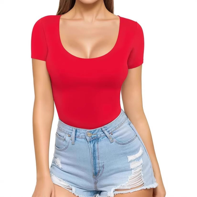 Damen figurbetontes Kurzarm-Body mit rundem Ausschnitt und nahtlosem Design R&B