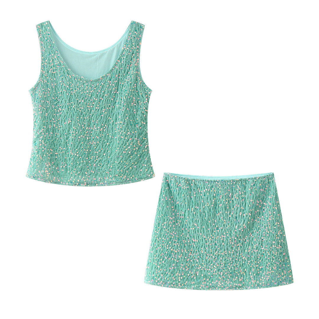 Damen Set aus funkelndem Spaghettiträger Top und schwingendem Rock mit elastischem Bund R&B