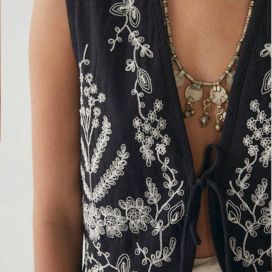 Damen elegante bestickte Weste mit offenem Schnitt und seitlichen Binde-Details R&B