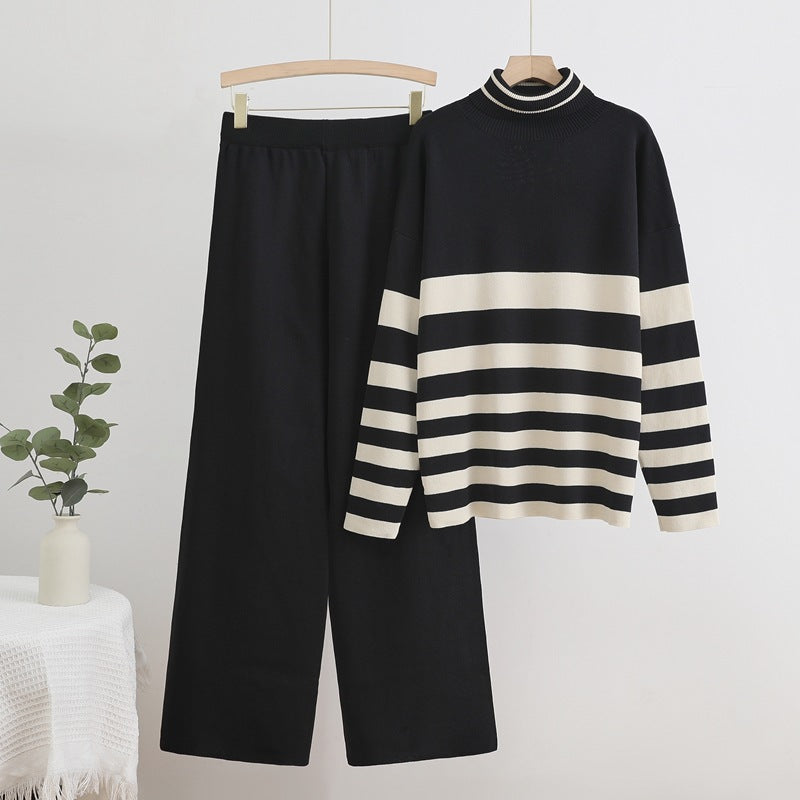 Damen Komfortables Strick-Loungewear-Set mit hohem Kragen und breiten Streifen R&B