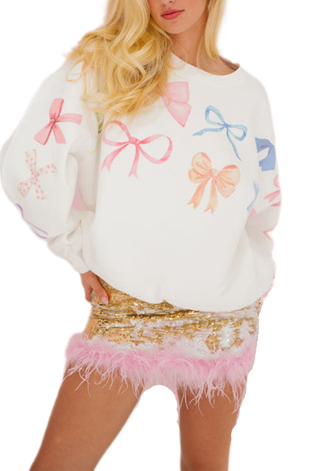 Damen lässiger Sweatshirt mit bunten Schleifenmotiven R&B