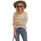 Damen lässiger Pullover mit modernem Streifenmuster und V-Ausschnitt R&B