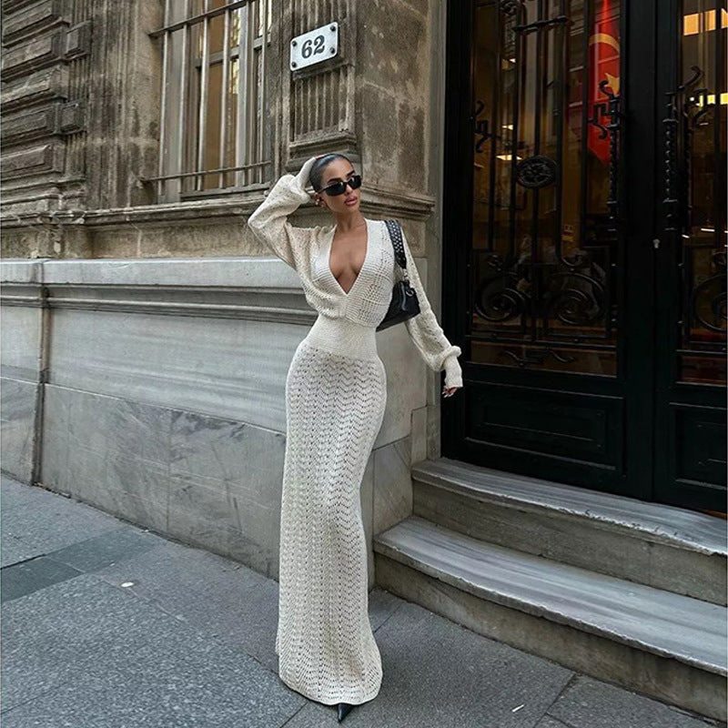 Damen elegantes gehäkeltes Maxikleid mit tiefem V-Ausschnitt R&B