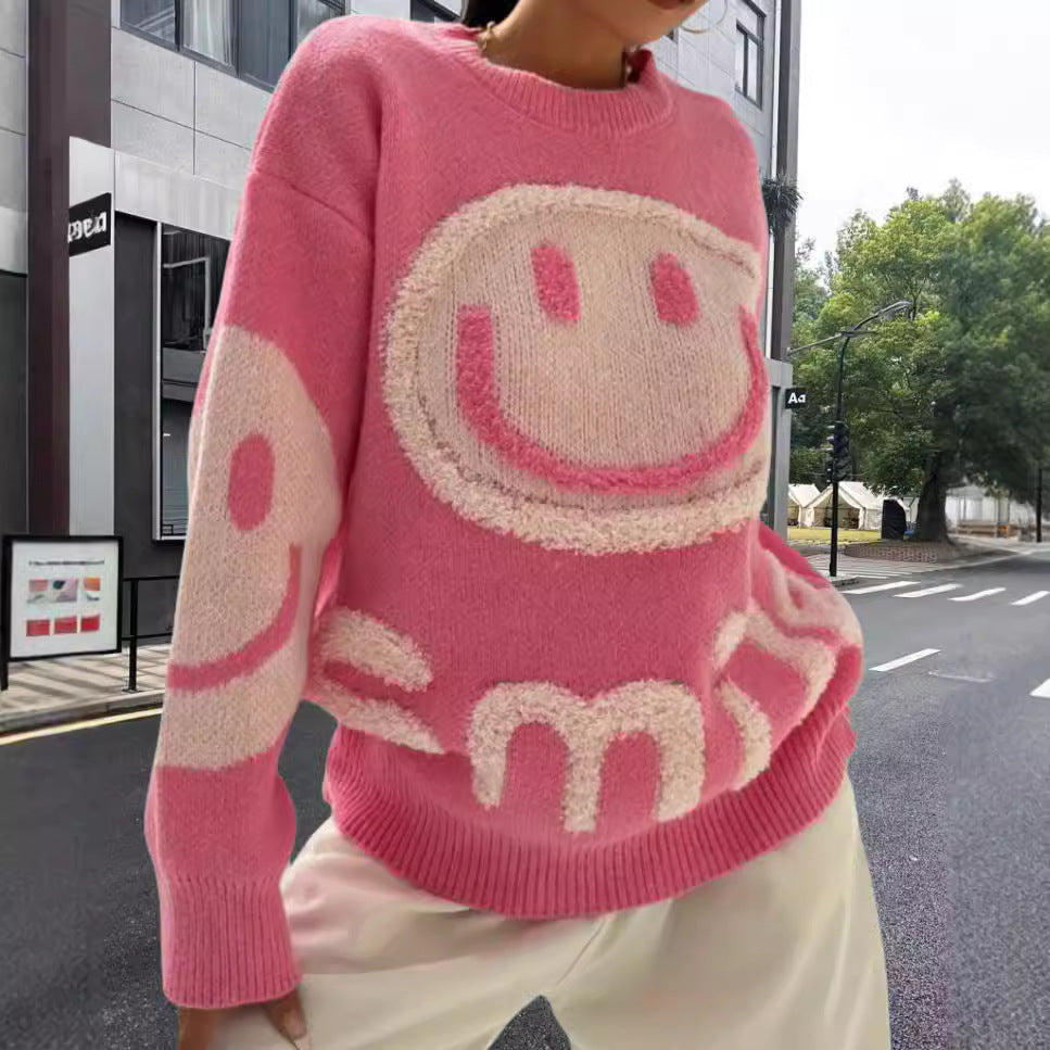 Damen Strickpullover mit fröhlichem Emoji-Motiv und komfortablem Schnitt R&B