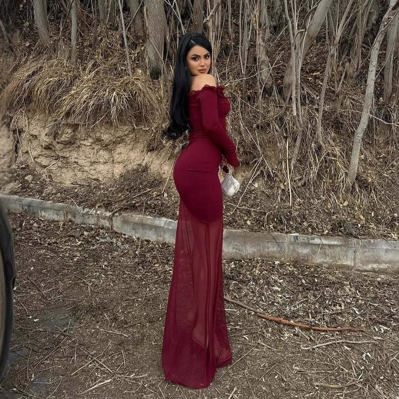Damen figurbetontes Maxikleid mit Off-Shoulder Design und transparentem Rock R&B