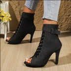Damen Schnürstiefeletten mit offener Zehenpartie und hohem Absatz R&B