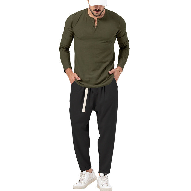 Herren lässiges Langarm-Henley-Shirt kombiniert mit eleganter Jogginghose R&B