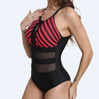 Damen Sportlicher Einteiler Badeanzug mit Netzdetails R&B