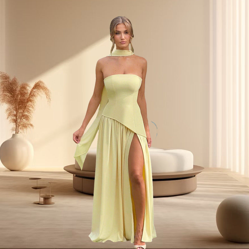 Damen Raffiniertes Maxi-Kleid mit asymmetrischem Oberteil und hohem Schnitt R&B
