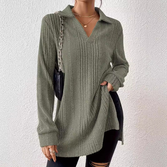 Damen Langarm Shirt mit strukturiertem V-Ausschnitt und schmalen Rippdetails R&B