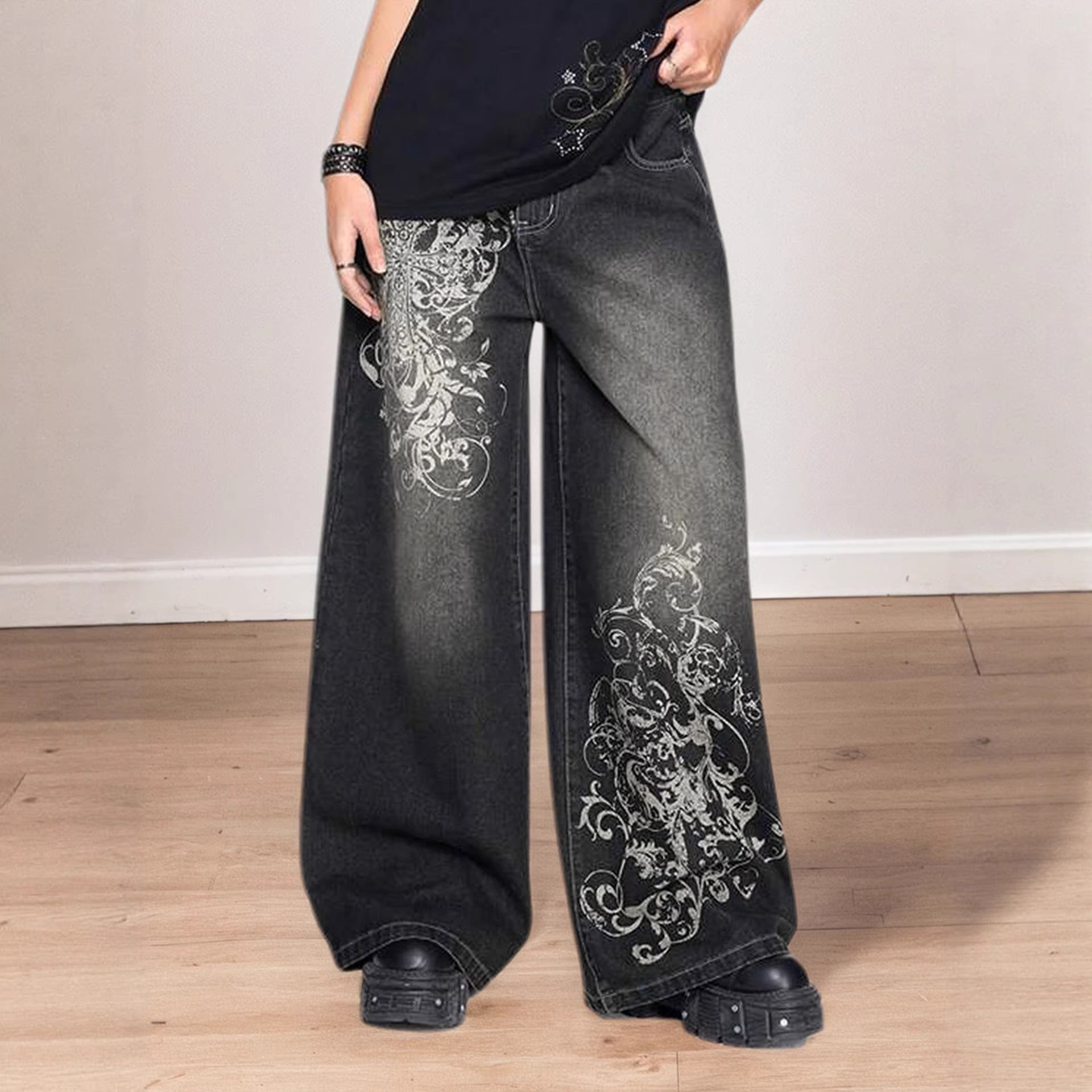 Damen Weite Denim-Hose mit auffälligem grafischem Druck R&B