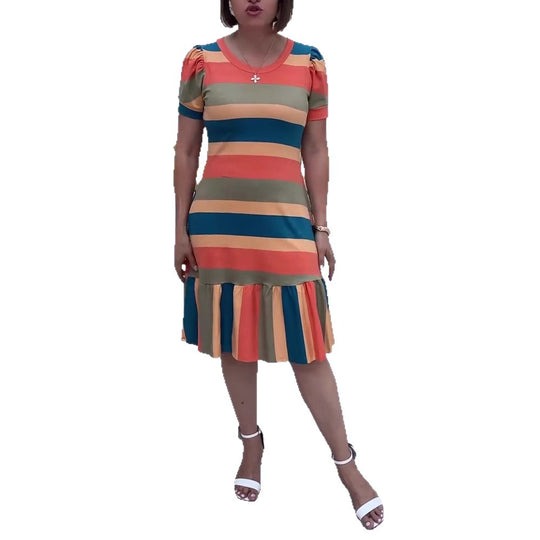 Damen Freizeitkleid mit voluminösem Rüschensaum und modischem Streifenmuster Heidi-Mode