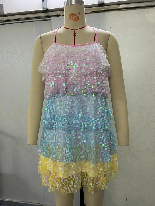 Damen luftiges Sommerkleid mit buntem Paillettenmuster R&B