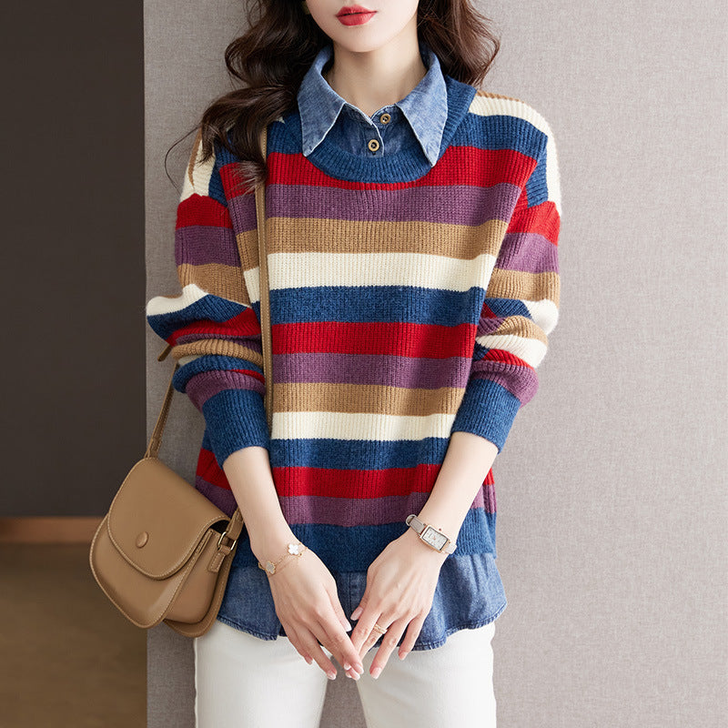Damen gestreifter Strickpullover mit lässigem Schnitt und angenehmem Tragegefühl R&B