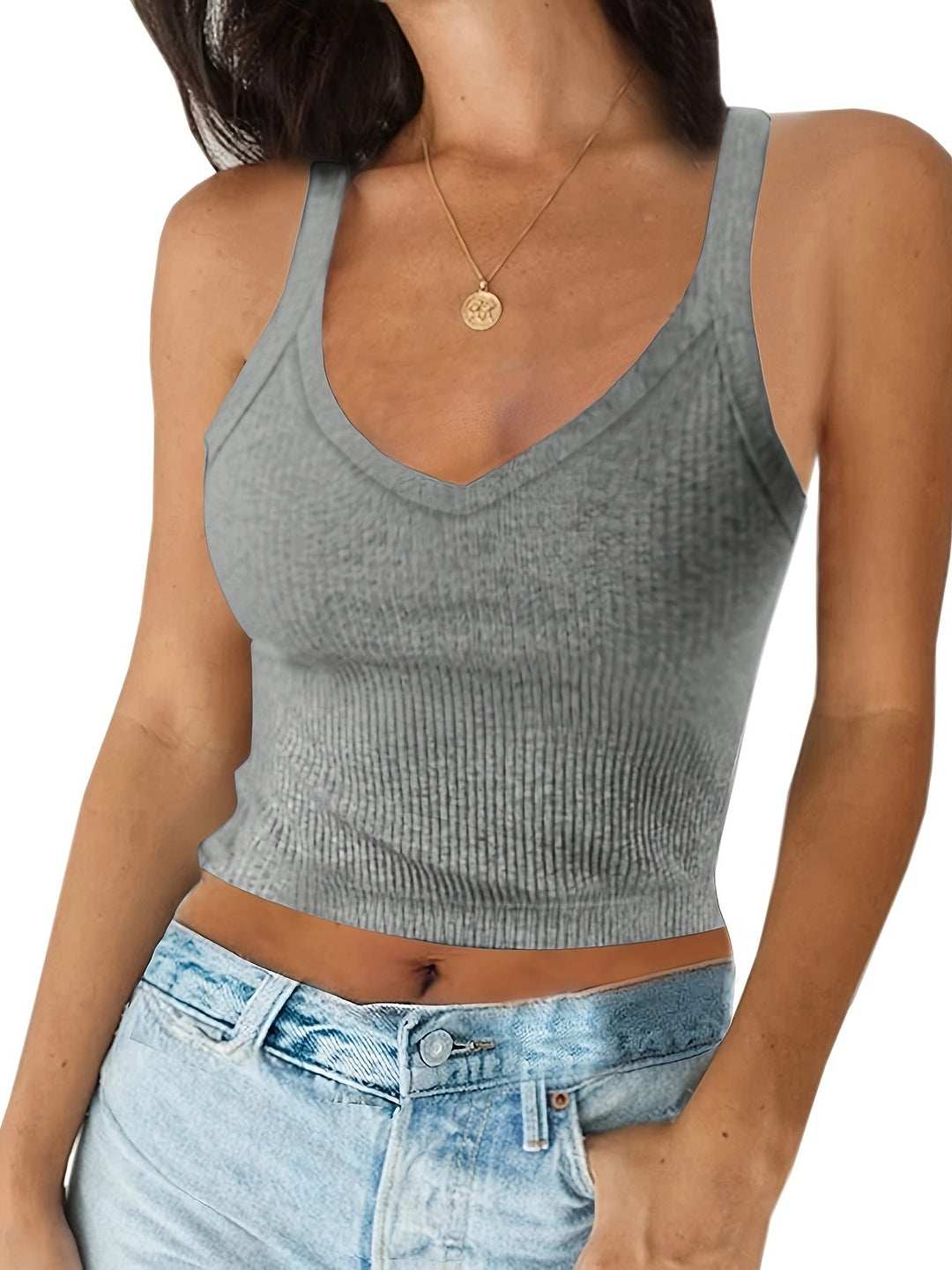 Damen Elegantes V-Ausschnitt Crop-Top aus geripptem Stoff R&B