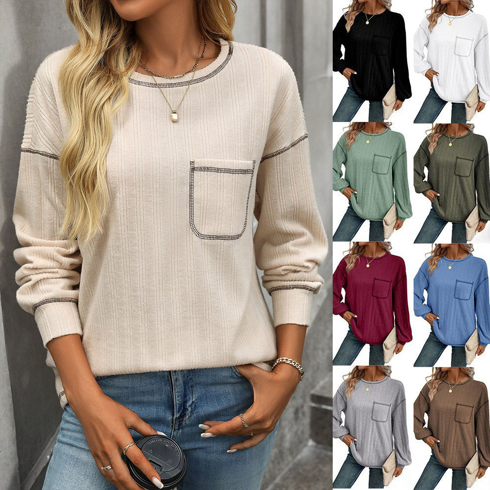 Damen Bequemer Langarm-Shirt mit Rippenstruktur und Brusttasche R&B