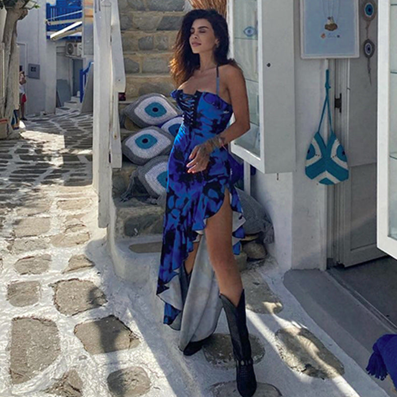 Damen Boho Maxikleid mit floralem Print und Schnürung R&B