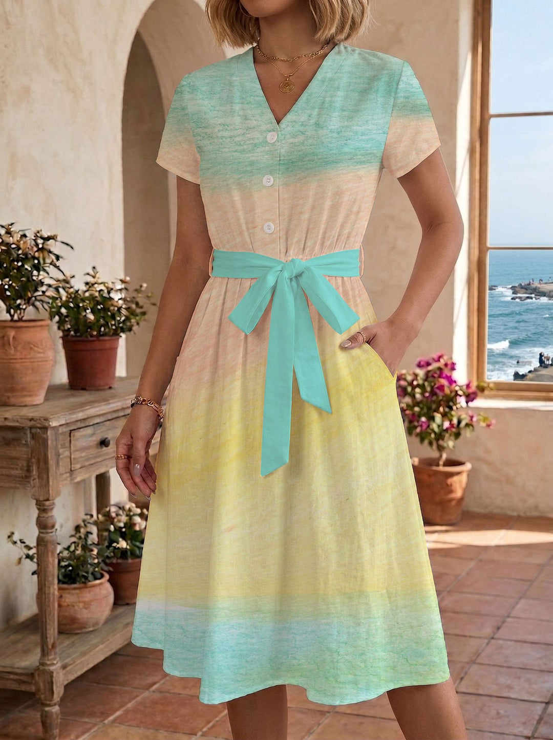 Damen Sommerliches Kleid mit taillierbarem Bindegürtel und floralem Muster R&B