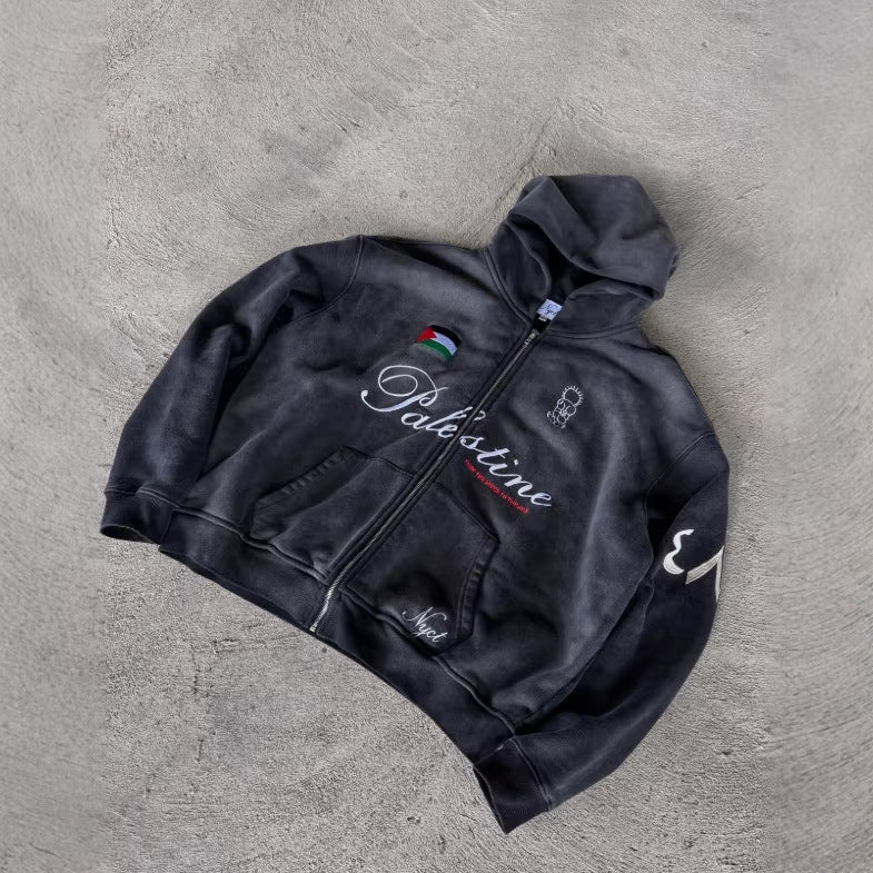 Unisex nan Oversize Kapuzensweat-Set im Vintage-Look mit Reißverschluss, aussagekräftiger Stickerei und weitem Sweatpant R&B