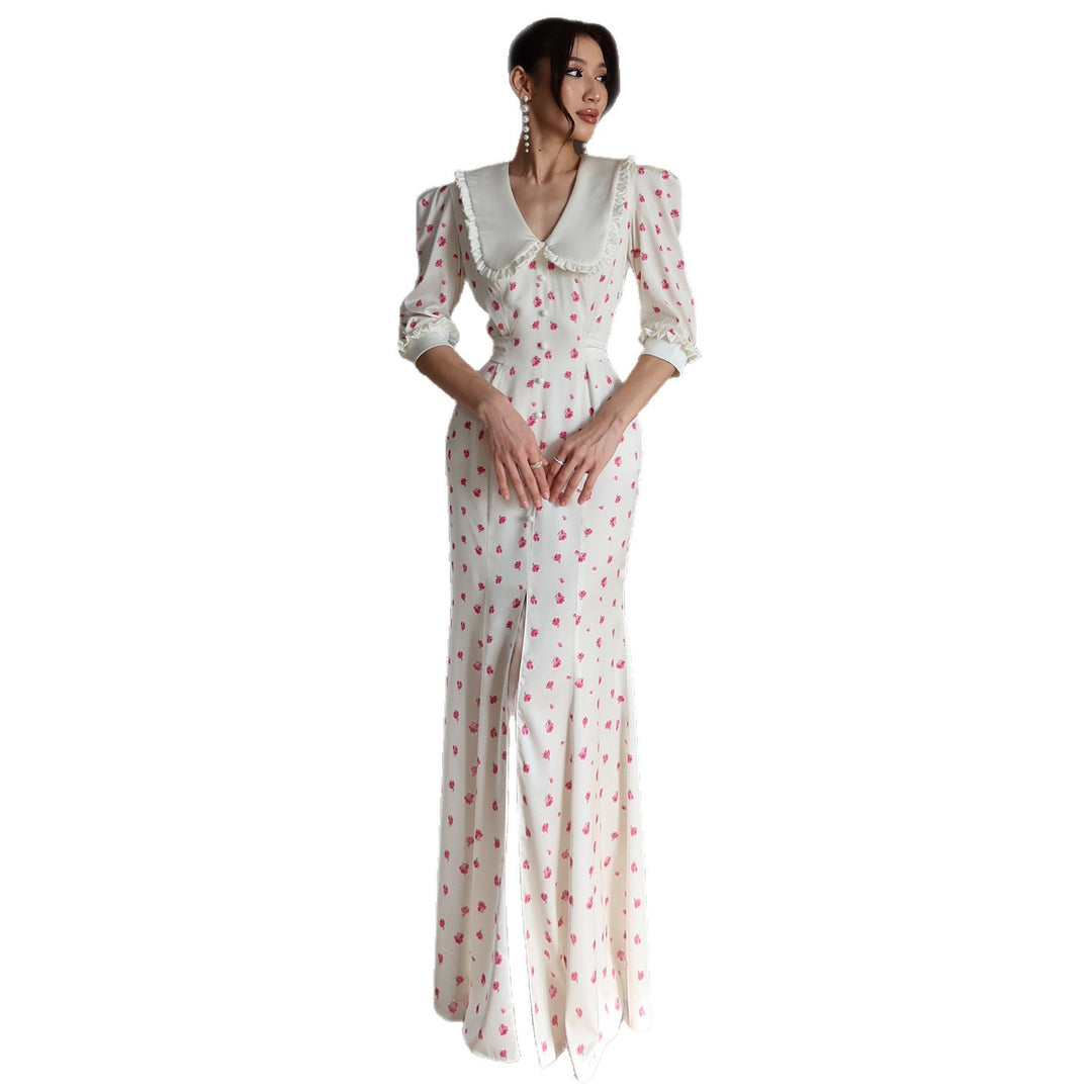Damen Maxikleid mit eleganter Kragenkante und floralen Akzenten R&B