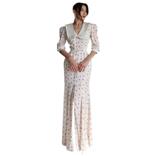 Damen Maxikleid mit eleganter Kragenkante und floralen Akzenten R&B
