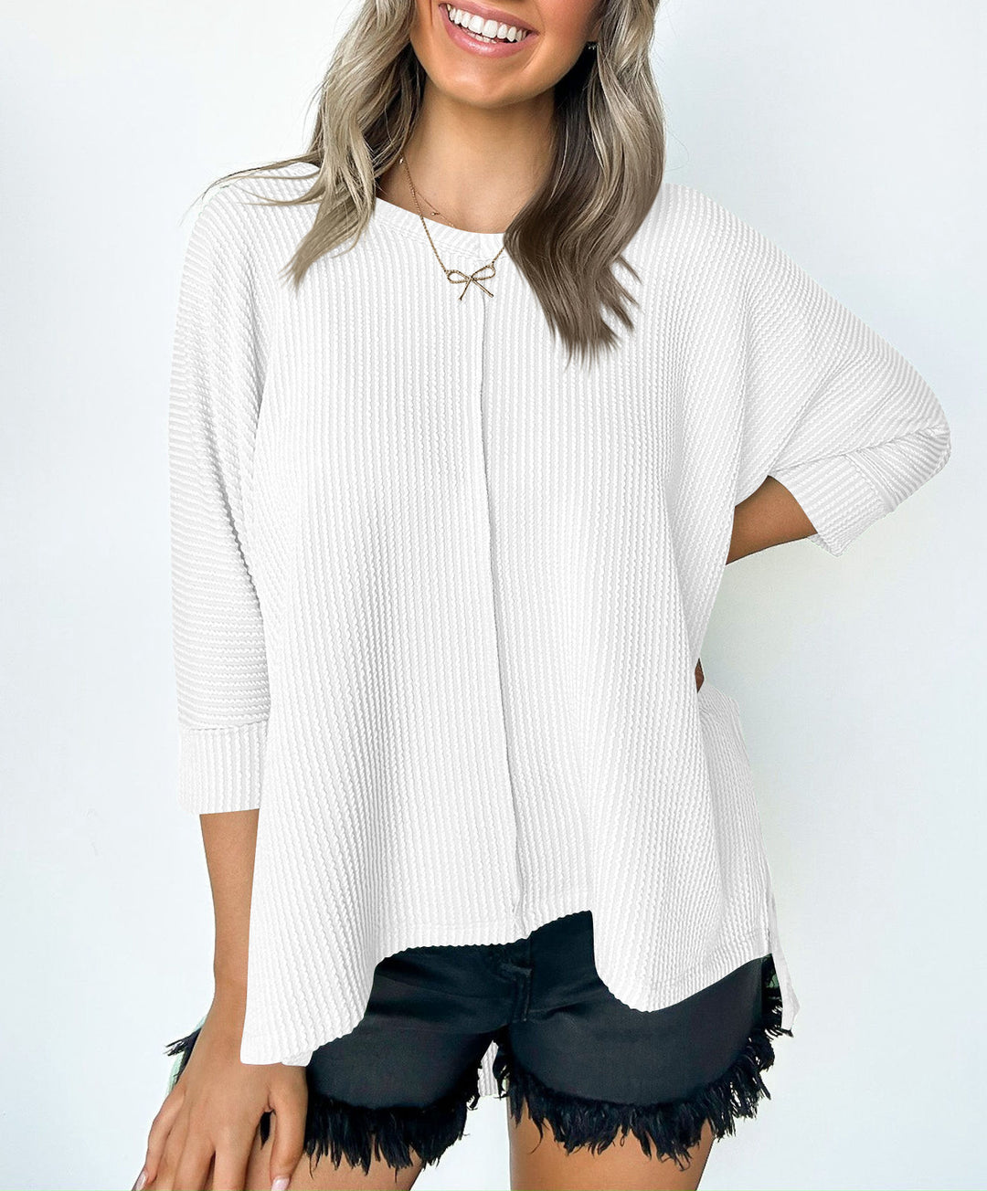 Damen lässiges V-Neck Oberteil mit strukturiertem Design und lockerer Passform R&B