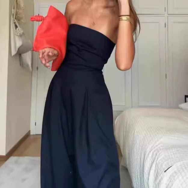 Damen trägerloser Jumpsuit mit weitem Bein und seitlichen Taschen R&B