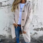 Damen Strickmantel mit Kapuze und Knopfleiste
