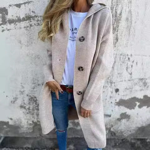 Damen Strickmantel mit Kapuze und Knopfleiste