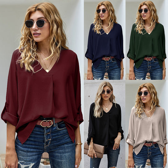 Damen Bluse mit V-Ausschnitt und lässigen langen Ärmeln R&B
