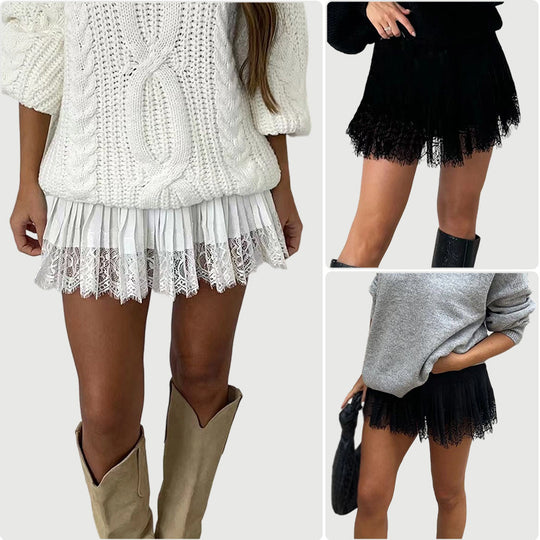 Damen Fransen-Minirock mit elegantem Spitzenabschluss und hohem Taillenbund R&B