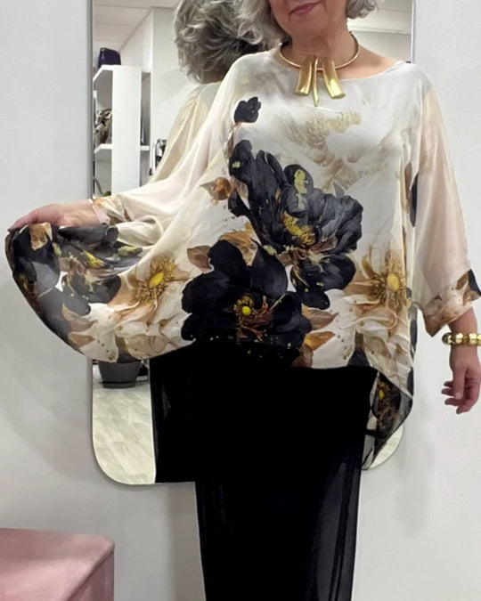 Damen nan luftige Chiffon-Tunika mit Fledermausärmeln asymmetrischem Saum und floralem Druck R&B