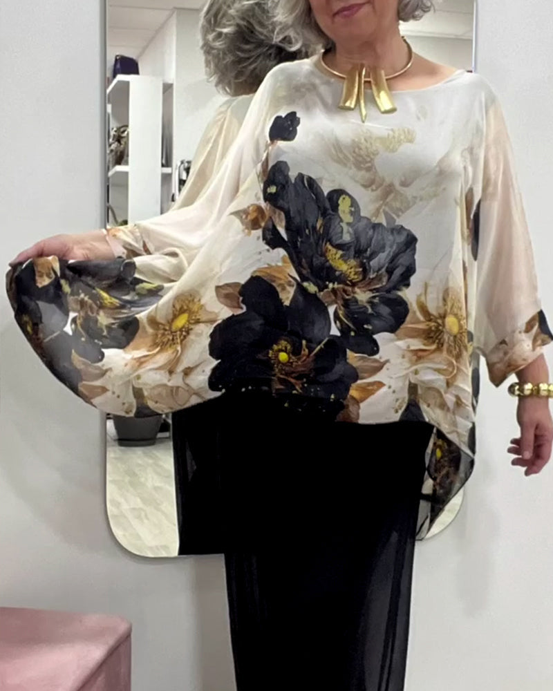 Damen nan elegante Chiffon-Tunika mit Fledermausärmeln und asymmetrischem Saum R&B