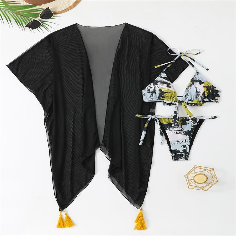Damen Bikini-Set mit modischem Wickel-Oberteil und eleganter transparenter Strandumhüllung R&B