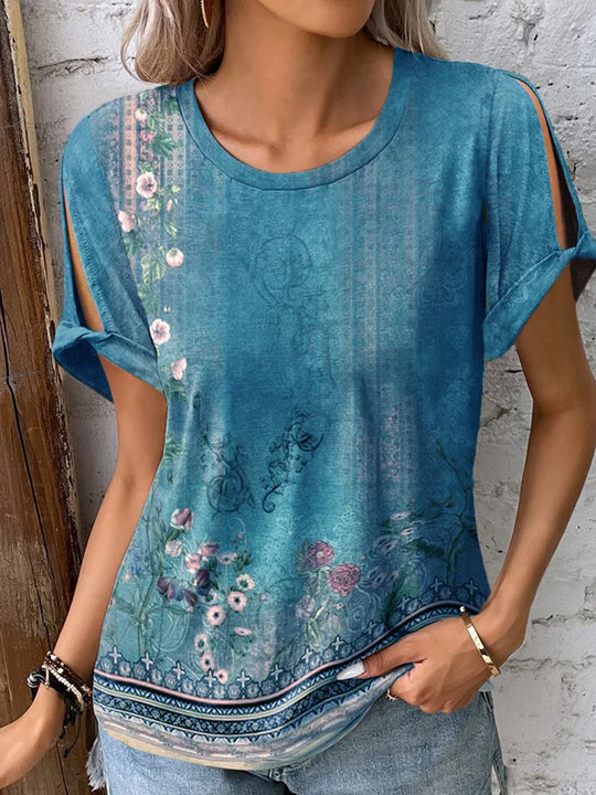 Damen florales Oversized-T-Shirt mit Cut-Out-Ärmeln R&B
