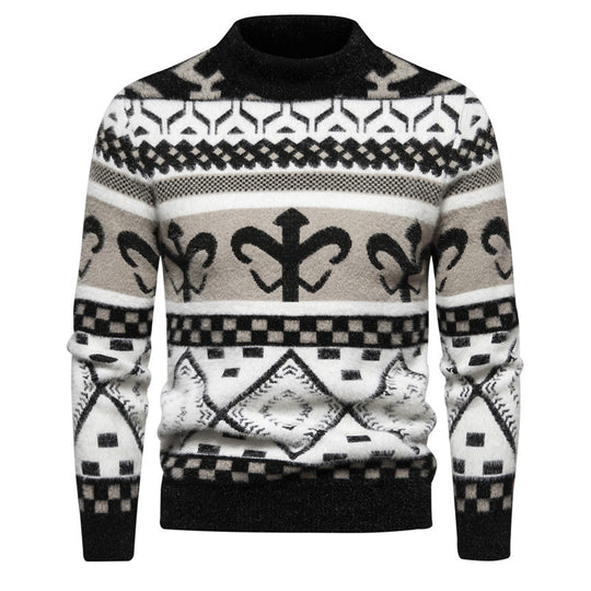 Herren Strickpullover mit modernem Zopfmuster und hohem Kragen R&B