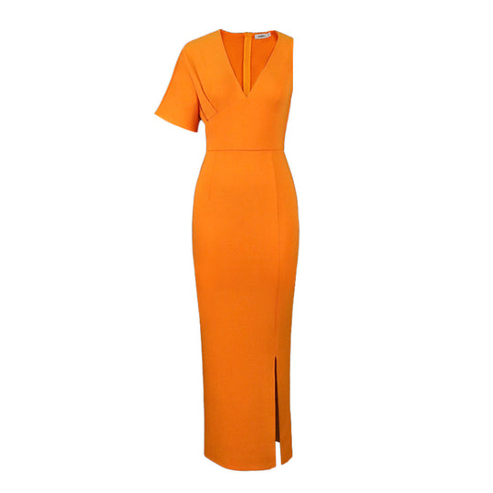 Damen figurbetontes Maxikleid mit tiefem V-Ausschnitt und elegantem Schlitz R&B