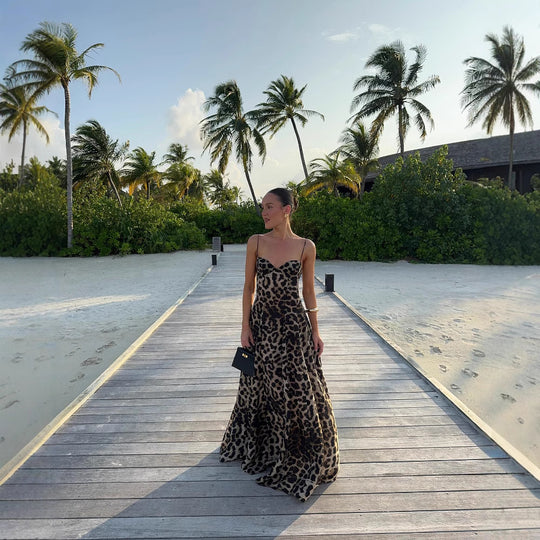 Damen Maxikleid mit V-Ausschnitt und animalischem Muster R&B