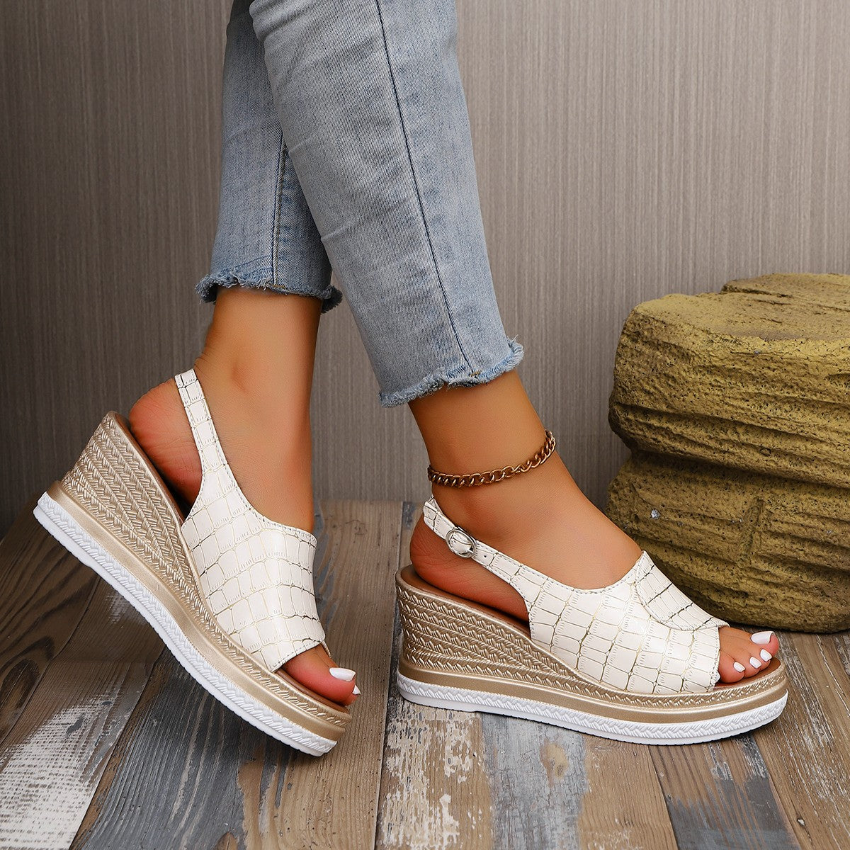 Damen Wedge-Sandaletten mit komfortablem Riemendesign und modischer Textur R&B